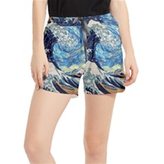 Starry Night Hokusai Van Gogh The Great Wave Off Kanagawa Women s Runner Shorts