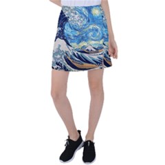 Starry Night Hokusai Van Gogh The Great Wave Off Kanagawa Tennis Skirt by Sudheng