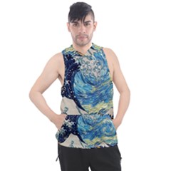 Starry Night Hokusai Van Gogh The Great Wave Off Kanagawa Men s Sleeveless Hoodie by Sudheng