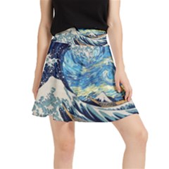 Starry Night Hokusai Van Gogh The Great Wave Off Kanagawa Waistband Skirt by Sudheng