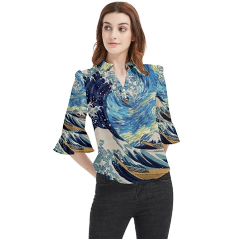 Starry Night Hokusai Van Gogh The Great Wave Off Kanagawa Loose Horn Sleeve Chiffon Blouse by Sudheng