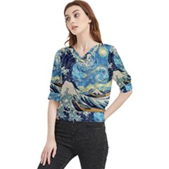 Starry Night Hokusai Van Gogh The Great Wave Off Kanagawa Quarter Sleeve Blouse