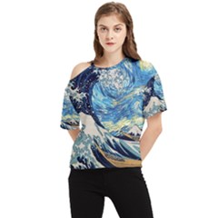 Starry Night Hokusai Van Gogh The Great Wave Off Kanagawa One Shoulder Cut Out Tee by Sudheng