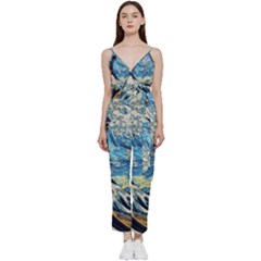 Starry Night Hokusai Van Gogh The Great Wave Off Kanagawa V-neck Spaghetti Strap Tie Front Jumpsuit by Sudheng