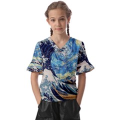 Starry Night Hokusai Van Gogh The Great Wave Off Kanagawa Kids  V-neck Horn Sleeve Blouse by Sudheng