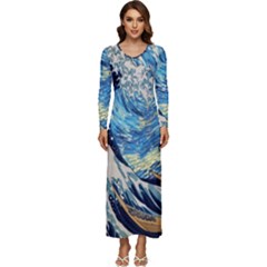 Starry Night Hokusai Van Gogh The Great Wave Off Kanagawa Long Sleeve Longline Maxi Dress by Sudheng