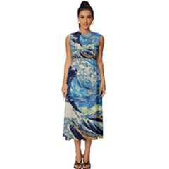 Starry Night Hokusai Van Gogh The Great Wave Off Kanagawa Sleeveless Round Neck Midi Dress by Sudheng