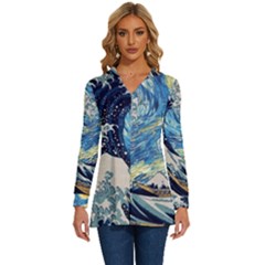 Starry Night Hokusai Van Gogh The Great Wave Off Kanagawa Long Sleeve Drawstring Hooded Top by Sudheng