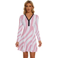 Pink Zebra Vibes Animal Print  Long Sleeve Deep V Mini Dress  by ConteMonfrey