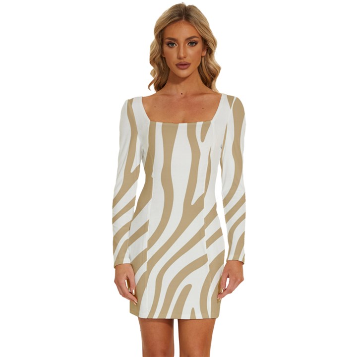 Brown Zebra Vibes Animal Print  Long Sleeve Square Neck Bodycon Velvet Dress