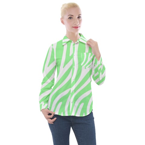 Green Zebra Vibes Animal Print  Women s Long Sleeve Pocket Shirt by ConteMonfrey