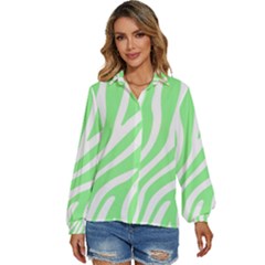 Green Zebra Vibes Animal Print  Women s Long Sleeve Button Down Shirt