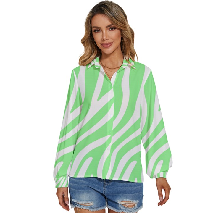 Green Zebra Vibes Animal Print  Women s Long Sleeve Button Down Shirt