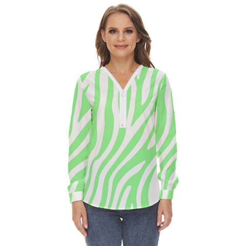 Green Zebra Vibes Animal Print  Zip Up Long Sleeve Blouse by ConteMonfrey