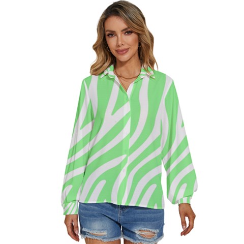 Green Zebra Vibes Animal Print  Women s Long Sleeve Button Down Shirt by ConteMonfrey