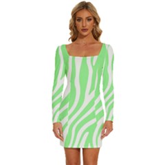 Green Zebra Vibes Animal Print  Long Sleeve Square Neck Bodycon Velvet Dress by ConteMonfrey