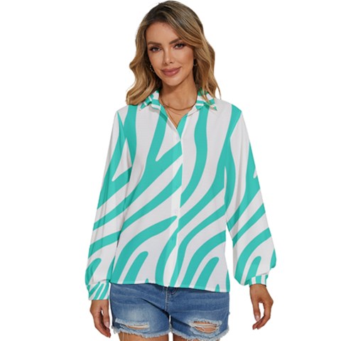 Blue Zebra Vibes Animal Print   Women s Long Sleeve Button Down Shirt by ConteMonfrey