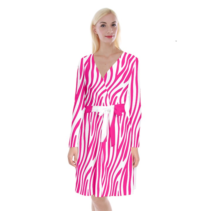 Pink Fucsia Zebra Vibes Animal Print Long Sleeve Velvet Front Wrap Dress