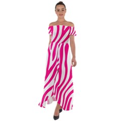 Pink Fucsia Zebra Vibes Animal Print Off Shoulder Open Front Chiffon Dress by ConteMonfrey