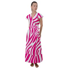 Pink Fucsia Zebra Vibes Animal Print Flutter Sleeve Maxi Dress by ConteMonfrey