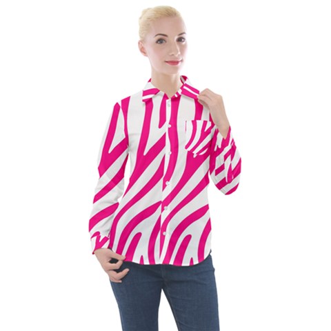 Pink Fucsia Zebra Vibes Animal Print Women s Long Sleeve Pocket Shirt by ConteMonfrey