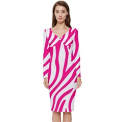 Pink Fucsia Zebra Vibes Animal Print Long Sleeve V-neck Bodycon Dress  by ConteMonfrey