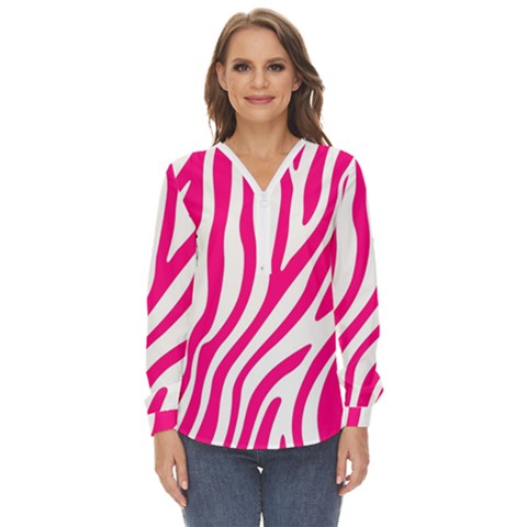 Pink Fucsia Zebra Vibes Animal Print Zip Up Long Sleeve Blouse by ConteMonfrey