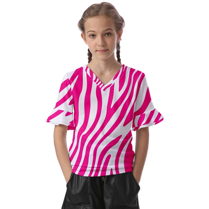 Pink Fucsia Zebra Vibes Animal Print Kids  V-Neck Horn Sleeve Blouse