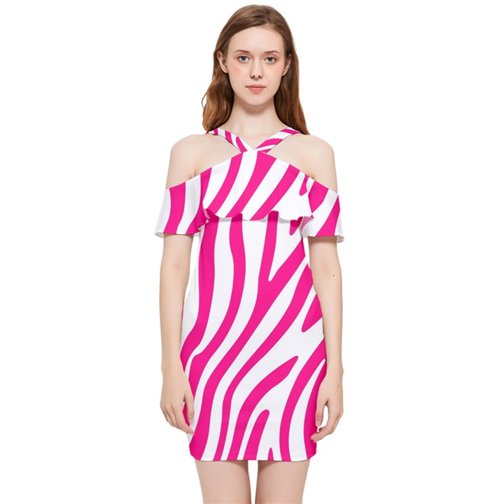 Pink Fucsia Zebra Vibes Animal Print Shoulder Frill Bodycon Summer Dress