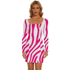 Pink Fucsia Zebra Vibes Animal Print Long Sleeve Square Neck Bodycon Velvet Dress by ConteMonfrey