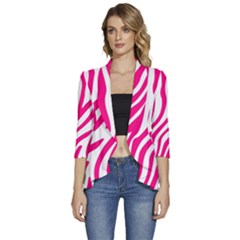 Pink Fucsia Zebra Vibes Animal Print Women s 3/4 Sleeve Ruffle Edge Open Front Jacket by ConteMonfrey