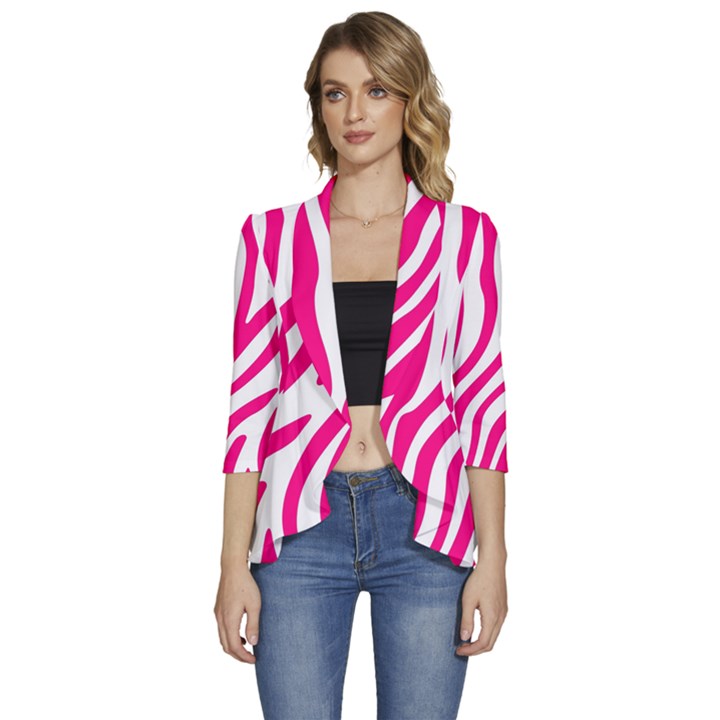 Pink Fucsia Zebra Vibes Animal Print Women s 3/4 Sleeve Ruffle Edge Open Front Jacket