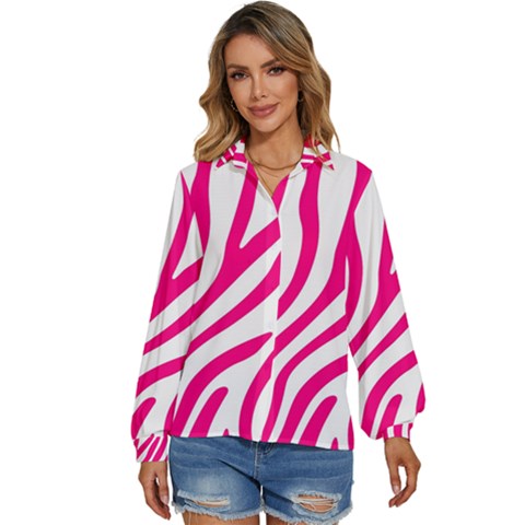 Pink Fucsia Zebra Vibes Animal Print Women s Long Sleeve Button Down Shirt by ConteMonfrey