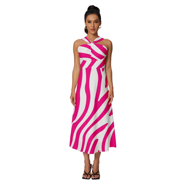 Pink Fucsia Zebra Vibes Animal Print Sleeveless Cross Front Cocktail Midi Chiffon Dress