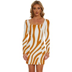 Orange Zebra Vibes Animal Print   Long Sleeve Square Neck Bodycon Velvet Dress by ConteMonfrey