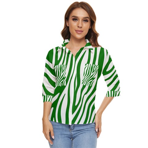 Dark Green Zebra Vibes Animal Print Women s Quarter Sleeve Pocket Shirt by ConteMonfrey