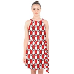 Red And White Cat Paws Halter Collar Waist Tie Chiffon Dress by ConteMonfrey