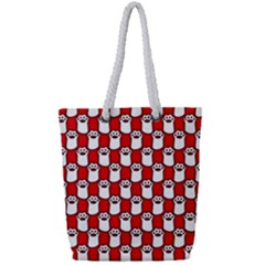 Red And White Cat Paws Full Print Rope Handle Tote (small)