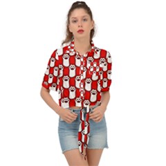 Red And White Cat Paws Tie Front Shirt 