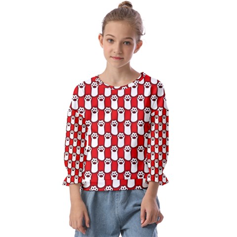 Red And White Cat Paws Kids  Cuff Sleeve Top by ConteMonfrey