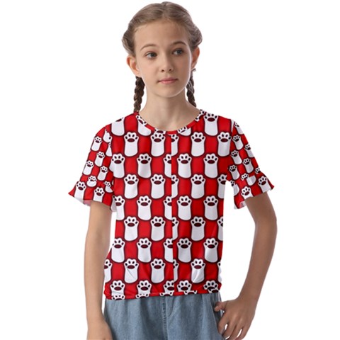 Red And White Cat Paws Kids  Cuff Sleeve Scrunch Bottom Tee by ConteMonfrey