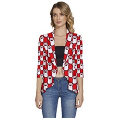 Red And White Cat Paws Women s 3/4 Sleeve Ruffle Edge Open Front Jacket by ConteMonfrey