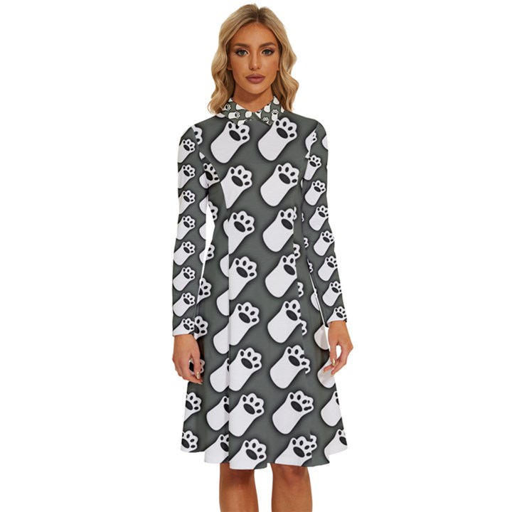 Grey And White Little Paws Long Sleeve Shirt Collar A-Line Dress