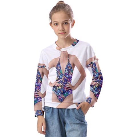 Leafs And Floral Print Kids  Long Sleeve Tee With Frill  by BellaVistaTshirt02