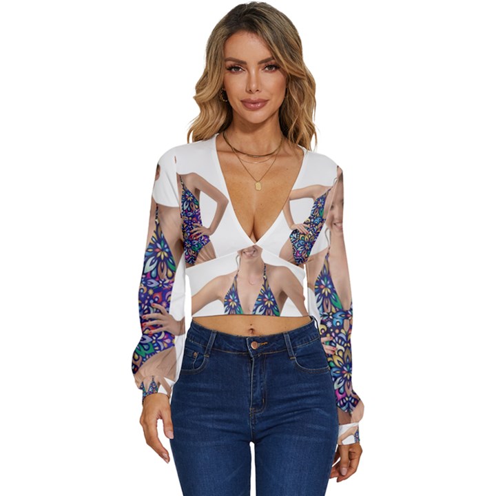 Leafs and Floral print Long Sleeve Deep-V Velour Top