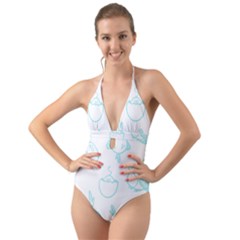 Birds Seamless Pattern Blue Halter Cut-out One Piece Swimsuit by ConteMonfrey