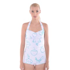 Birds Seamless Pattern Blue Boyleg Halter Swimsuit  by ConteMonfrey