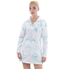 Birds Seamless Pattern Blue Women s Long Sleeve Casual Dress by ConteMonfrey