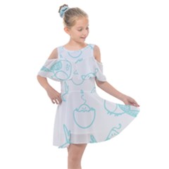 Birds Seamless Pattern Blue Kids  Shoulder Cutout Chiffon Dress