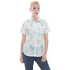 Birds Seamless Pattern Blue Women s Short Sleeve Pocket Shirt